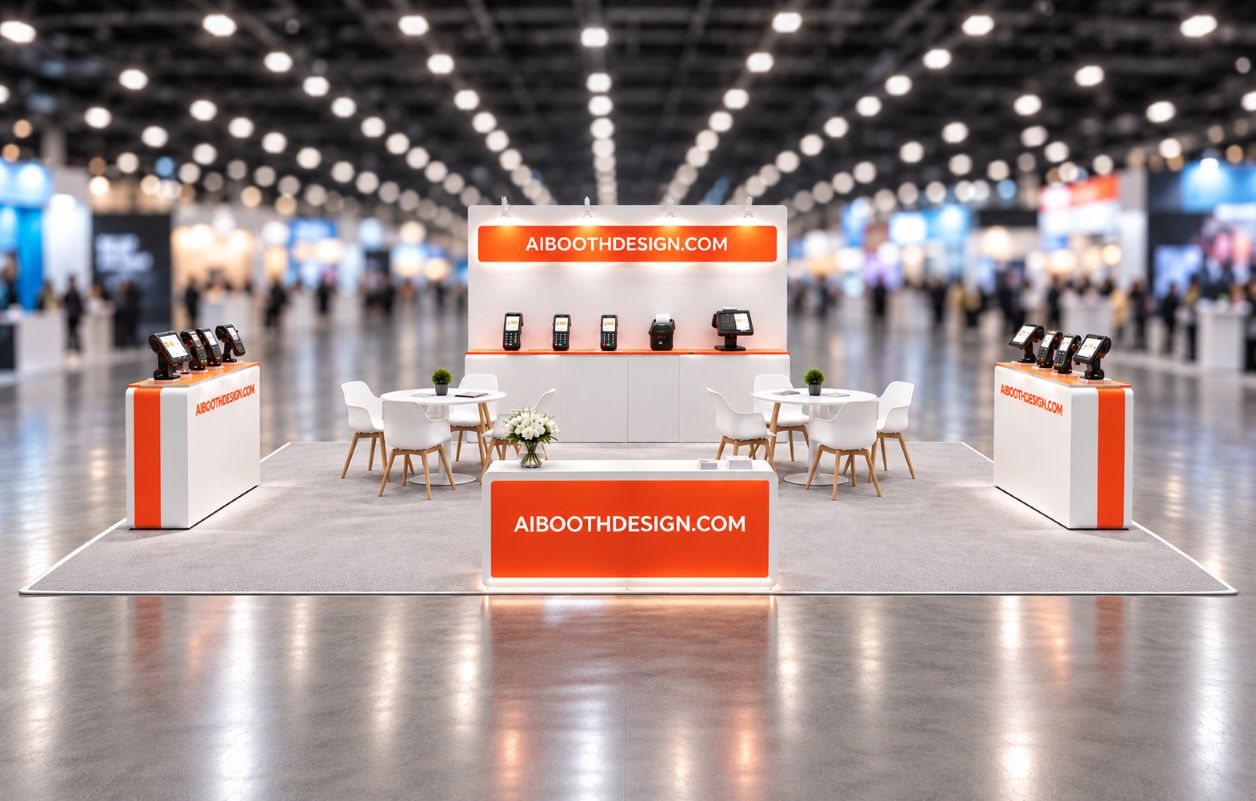 Orange and white booth rendering generated from the open booth sketch