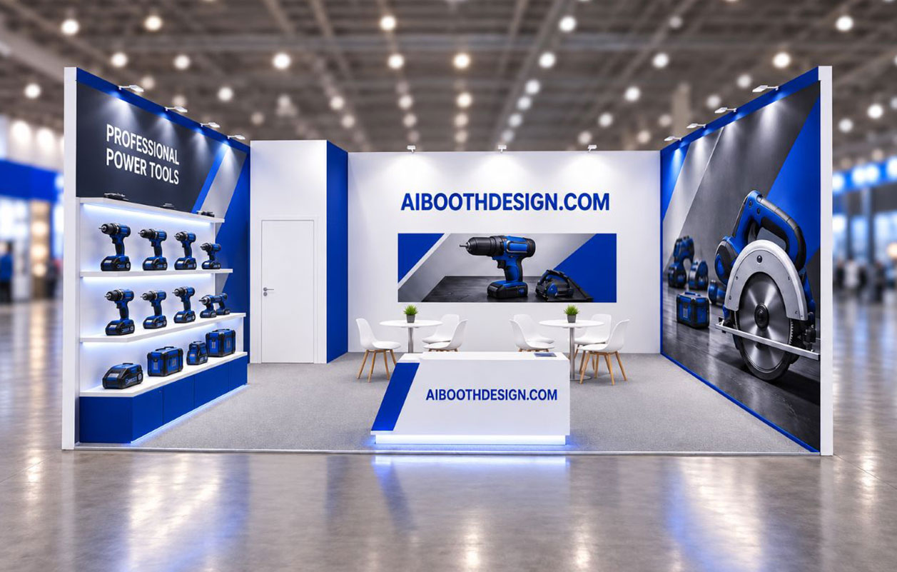 Blue and white power tools booth rendering generated from the sketch