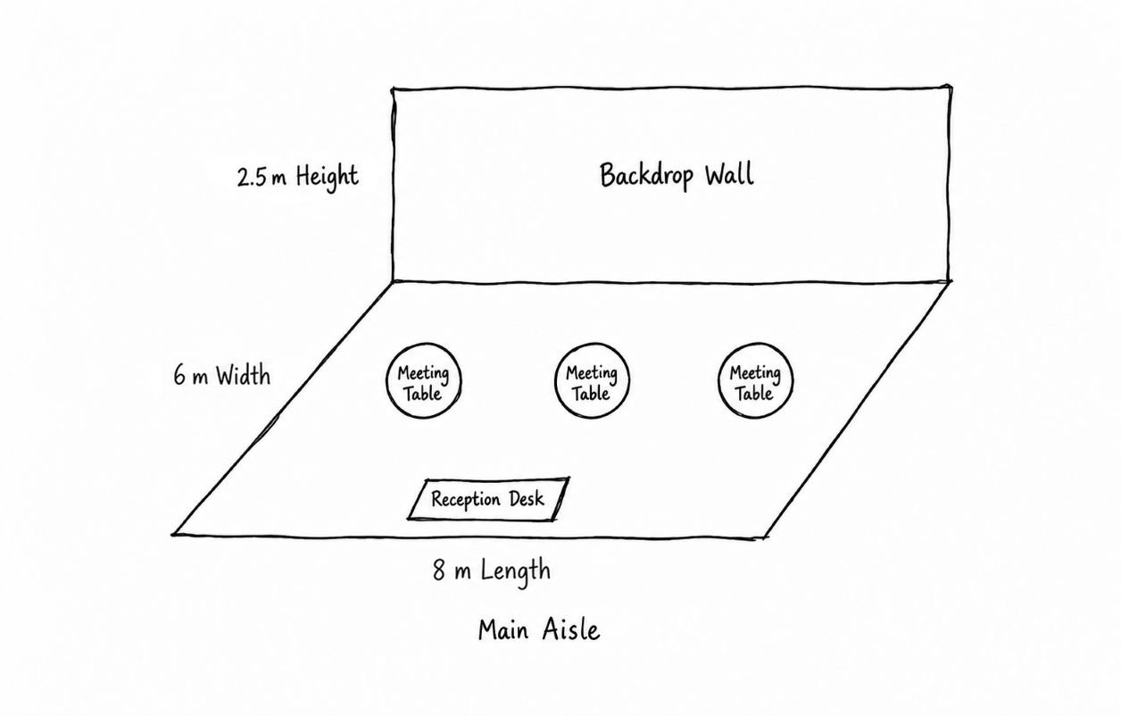 Hand-drawn sketch of a water purification products booth showing the locations of the back wall and meeting area