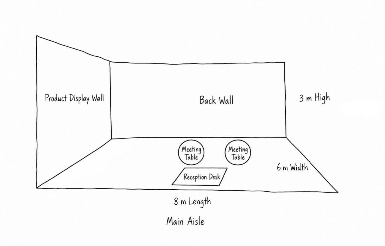 Hand-drawn sketch of a corner toy booth showing the location of the product display wall
