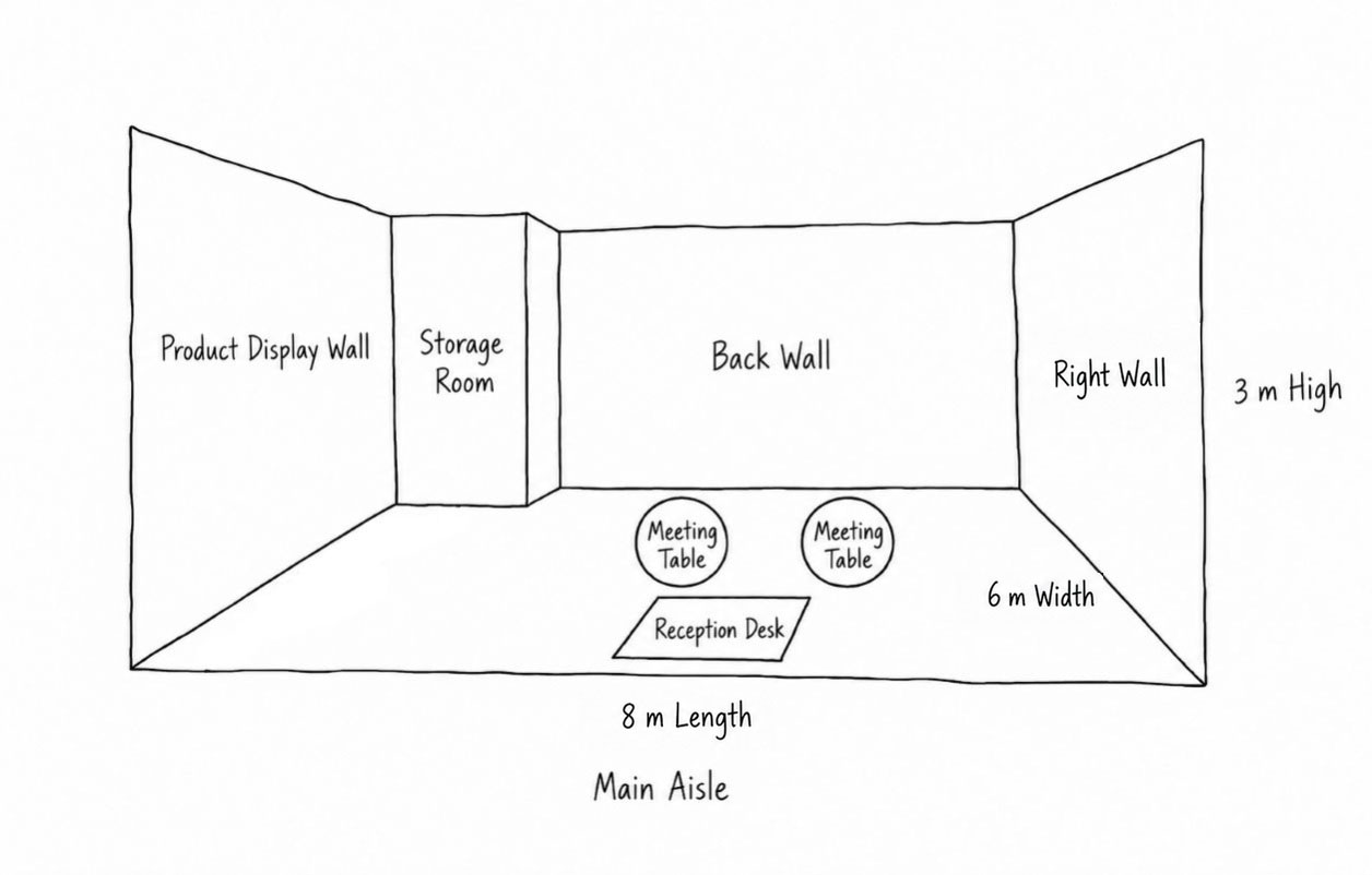 Hand-drawn sketch of a power tools booth showing the storage room and product display area