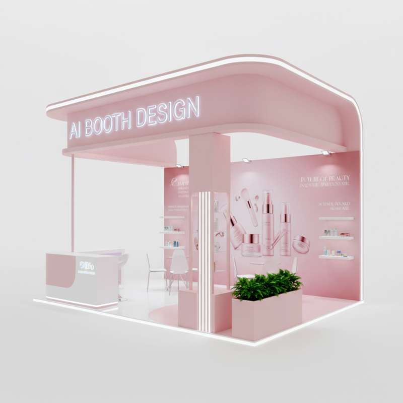 Pink and white corner booth with a curved canopy, reception desk, and planter