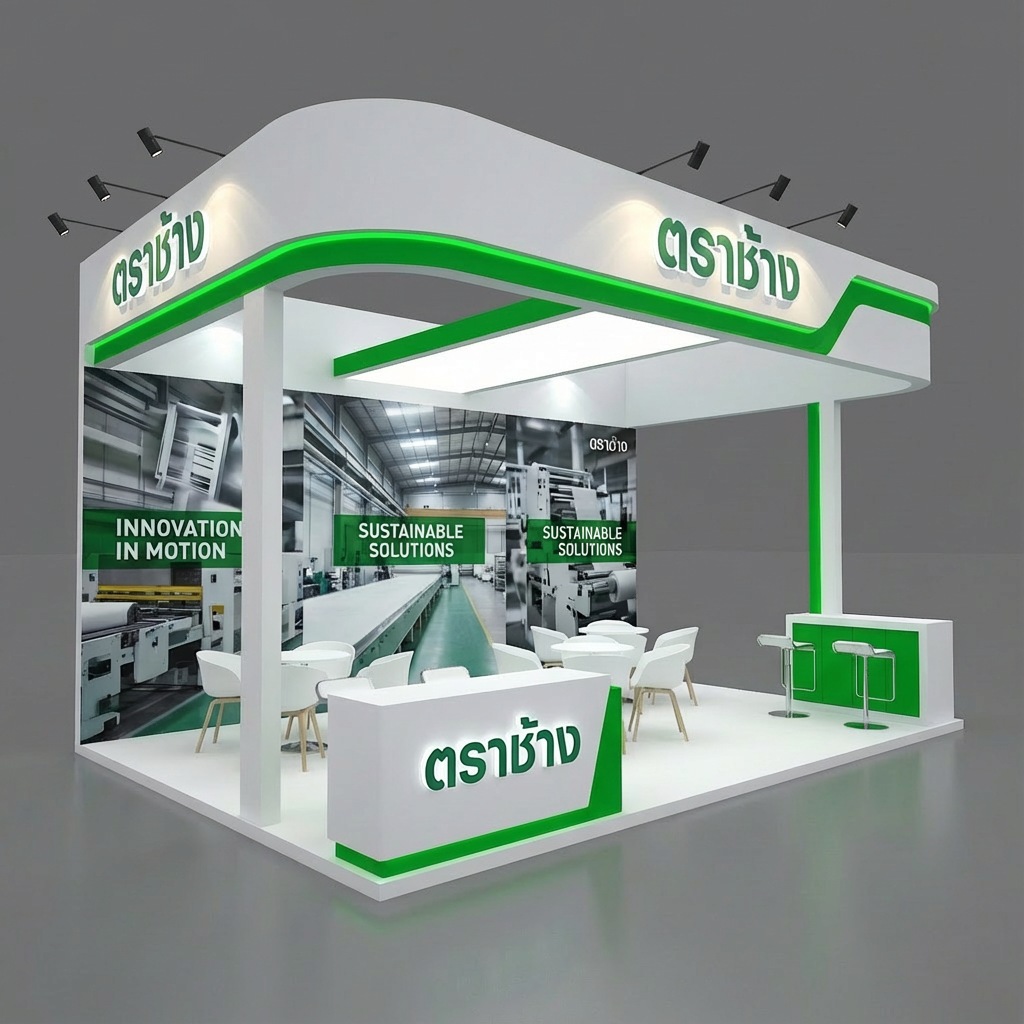 White and green corner booth with an angular canopy, seating, and two counters