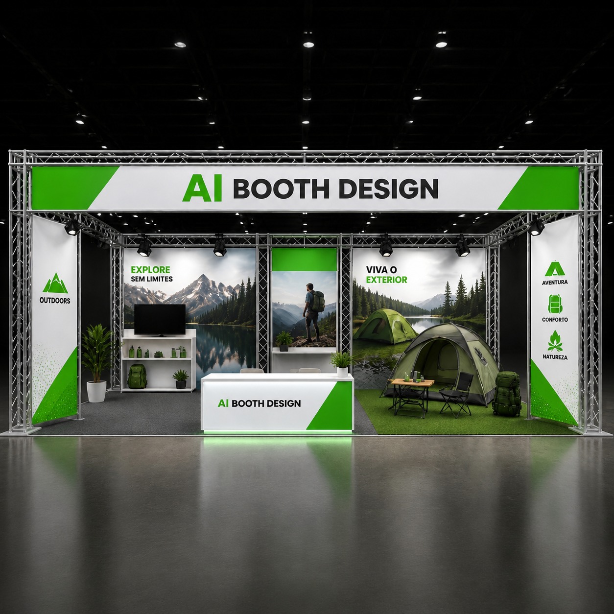 Green, white, and black booth with metal trusses, outdoor graphics, and a tent display