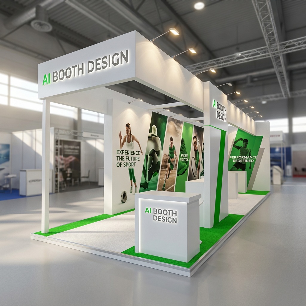 Long white and green booth with overhead frames, sports graphics, and reception counter