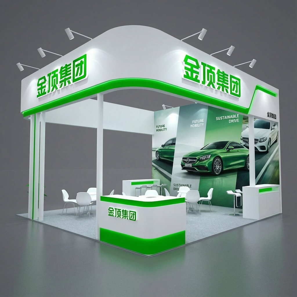 White and green corner booth with a curved fascia, automotive graphics, and seating
