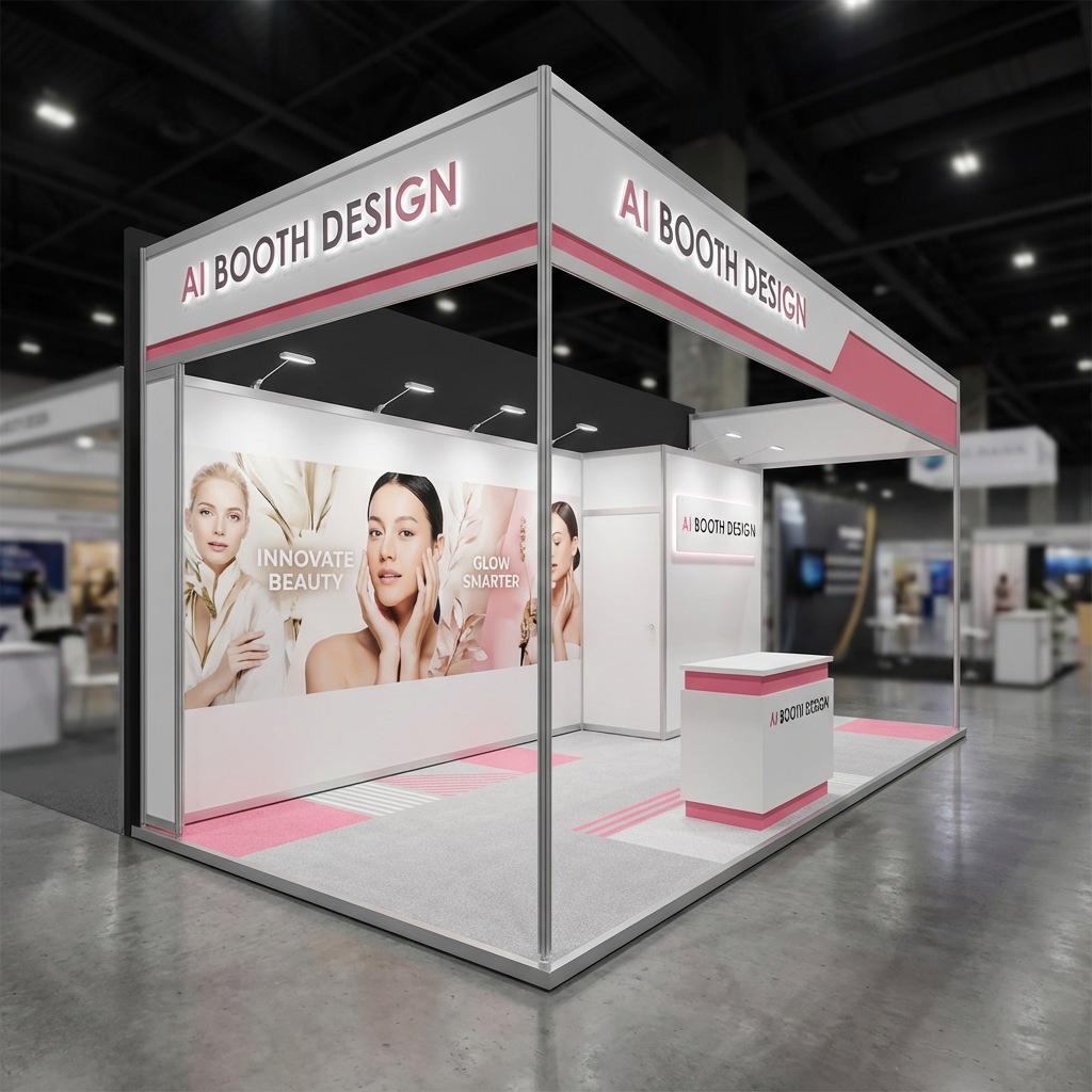 White and pink corner booth with a square metal frame, beauty graphics, and reception counter