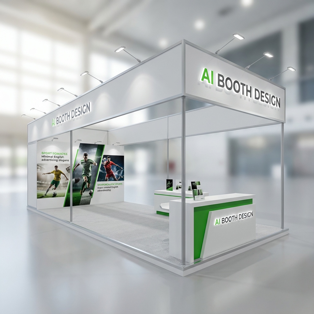 White and green aluminum modular booth with sports graphics and an angular reception desk