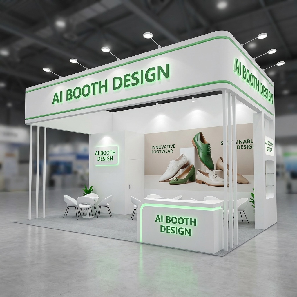 White booth with green accents, overhead fascia, seating areas, and reception counter