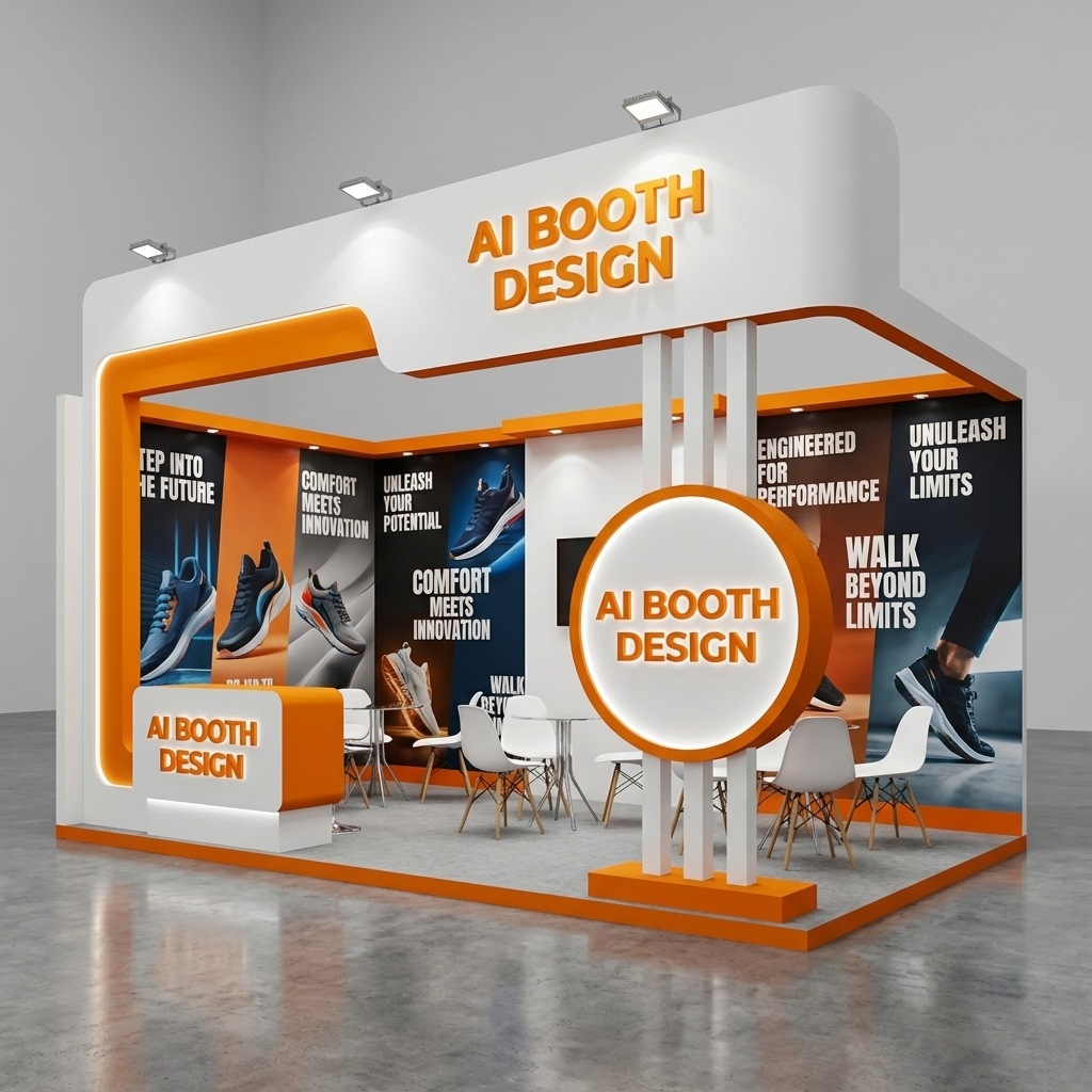 White and orange corner booth with a circular sign, seating, and footwear graphics