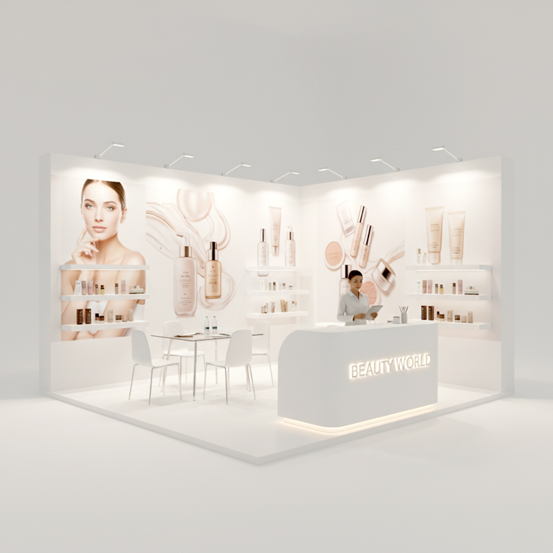 Minimal white corner booth with illuminated product shelves and a curved reception desk