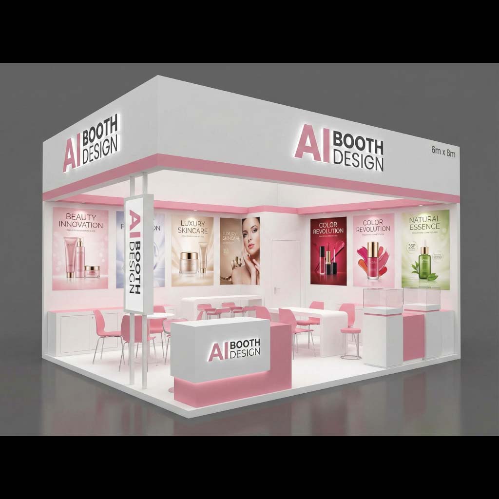 Pink and white corner booth with an overhead fascia, display counters, and seating areas