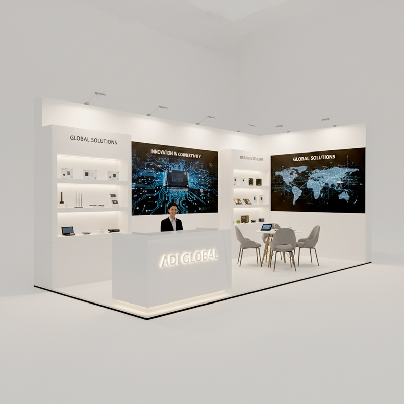 Minimal white corner booth with illuminated shelving, wall graphics, and a reception desk