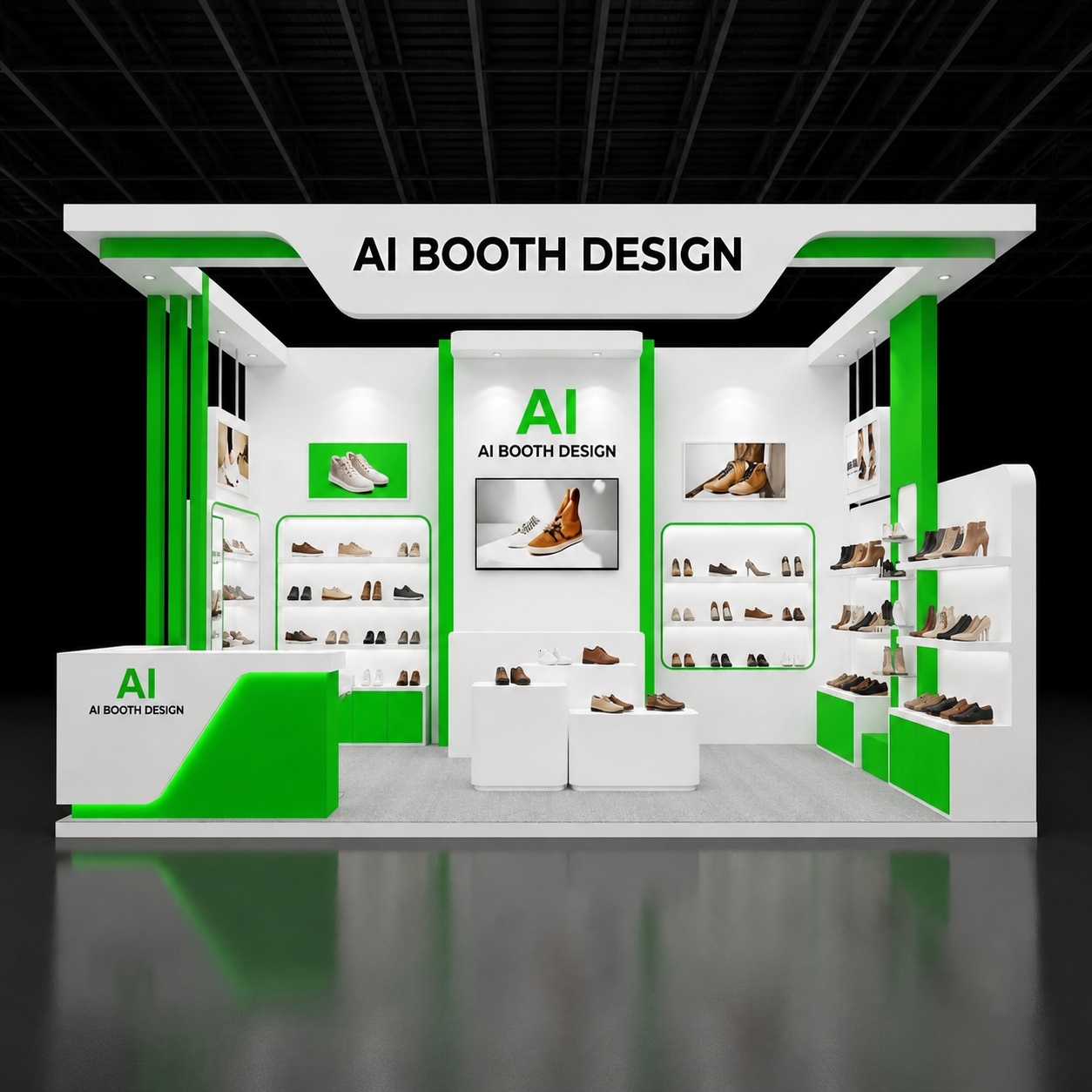 White and green retail booth with an overhead canopy, reception counter, and shoe shelving