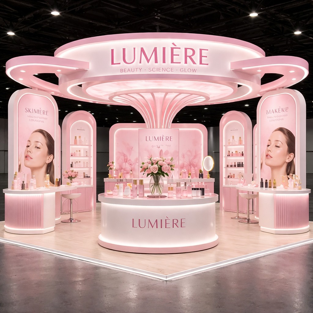 Pink and white island booth with circular canopies, curved counters, and product shelving