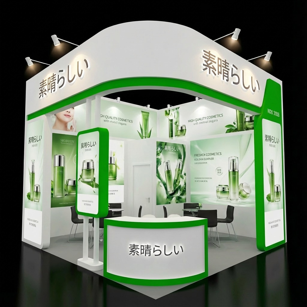 White and green corner booth with a curved fascia, skincare graphics, and reception counter